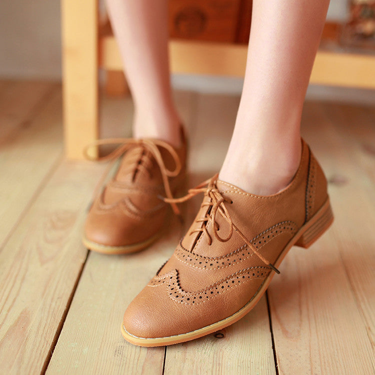 Women's Pu Leather Stitching Patchwork Tied Lace Up Chunky Heels Oxford Shoes
