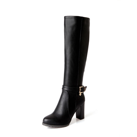 Women's Pu Leather Belts Buckles Stitching Chunky Heel Knee High Boots