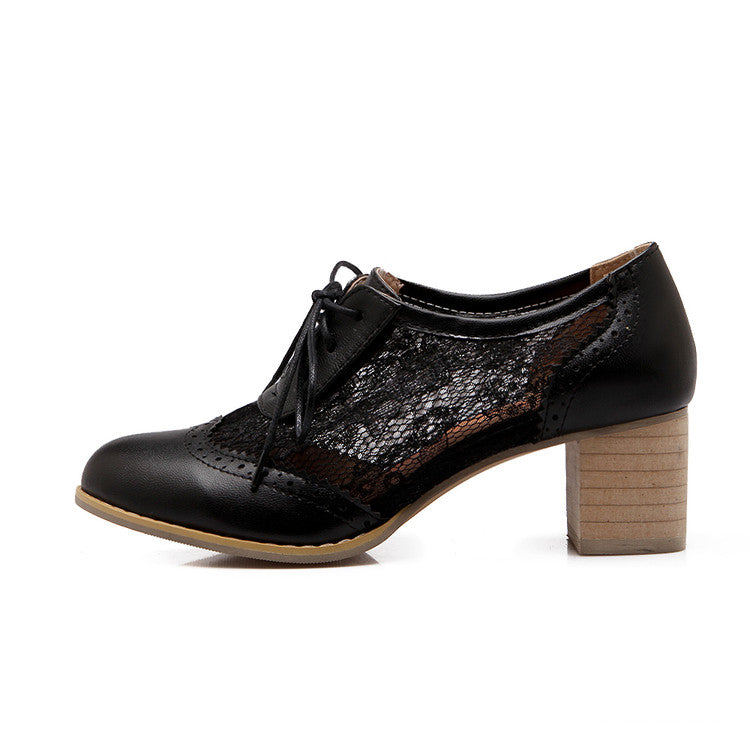 Women's Pu Leather Round Toe Tied Belts Lace Carved Flora Block Heel Chunky Heels Oxford Shoes