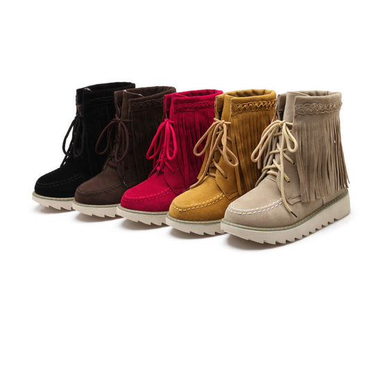 Women's Suede Stitching Tassel Lace Up Flat Short Boots