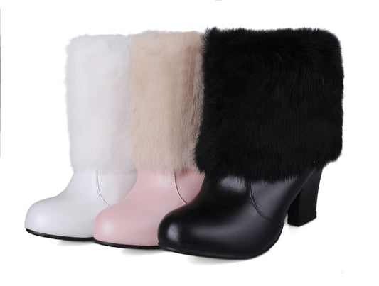 Women's Rabbit Fur High Heels Short Boots