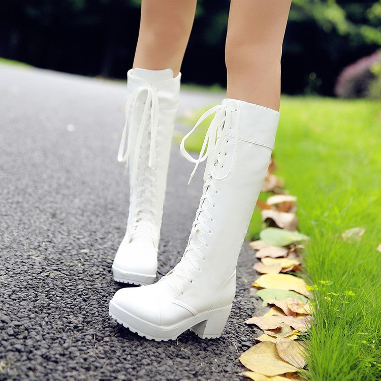 Women's Round Toe Lace Up Stitching Block Heel Platform Knee High Boots