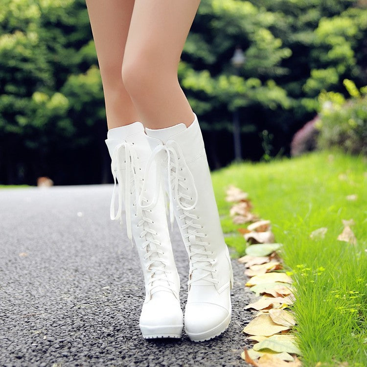 Women's Round Toe Lace Up Stitching Block Heel Platform Knee High Boots