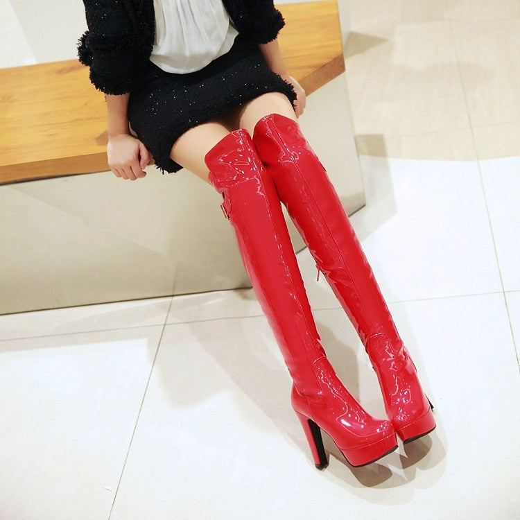 Women's Glossy Chunky Heel Platform Over the Knee Boots