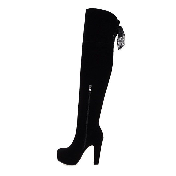 Women's Suede Back Lace Chunky Heel Platform Over the Knee Boots