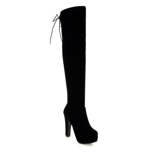 Women's Suede Round Toe Back Tied Side Zipper Platform Chunky Heel Over the Knee Boots