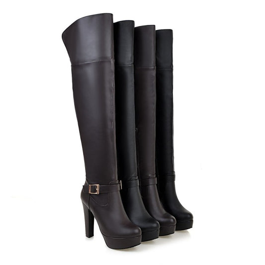 Women's Pu Leather Side Zippers Belts Buckles Chunky Heel Platform Over the Knee Boots