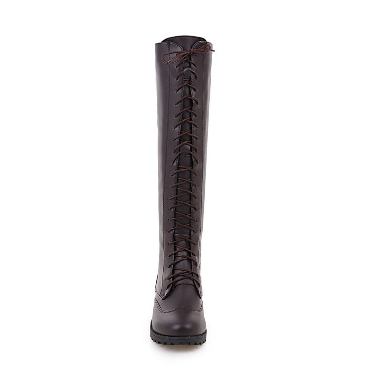 Women's Pu Leather Round Toe Low Heel Lace Up Knee High Boots