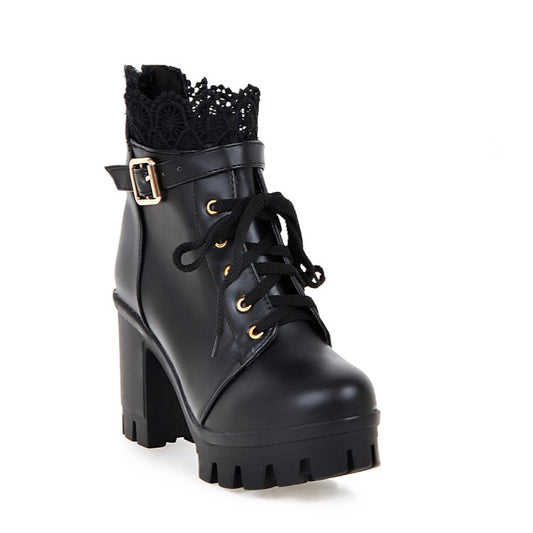 Women's Round Toe Lace Up Lace Chunky Heel Platform Ankle Boots