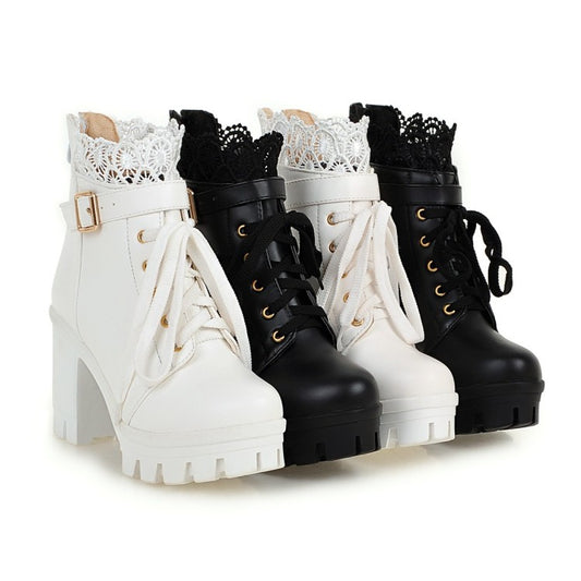 Women's Round Toe Lace Up Lace Chunky Heel Platform Ankle Boots