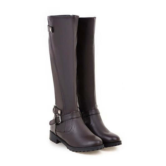 Women's Pu Leather Round Toe Side Zippers Low Heel Knee High Boots