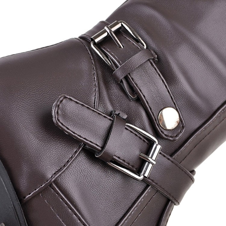 Women's Pu Leather Round Toe Side Zippers Low Heel Knee High Boots