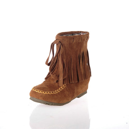 Women's Suede Stitching Tassel Inside Heighten Flat Short Boots