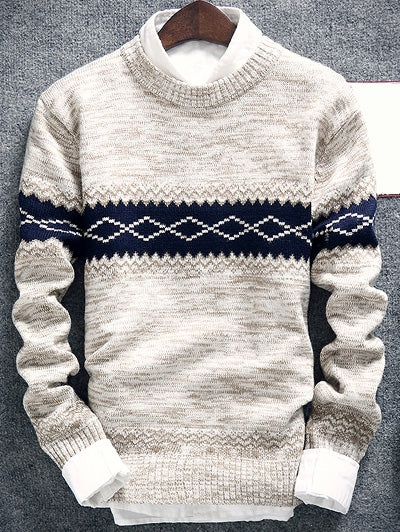 Men's Geometric Pattern Space Dye Crew Neck Sweater