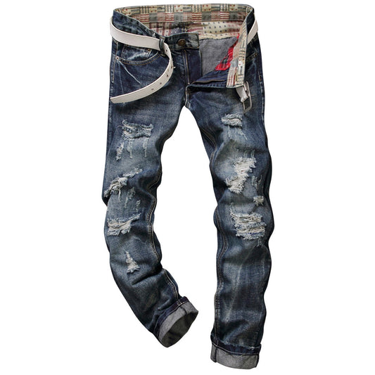 Men's Frayed Zipper Fly Five-pocket Straight Leg Ripped Jeans