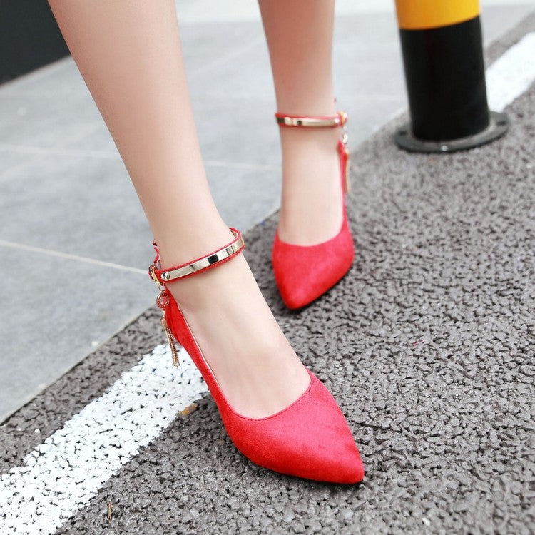 Pointed Toe Metal Ankle Strap Women's High Heels Stiletto Pumps