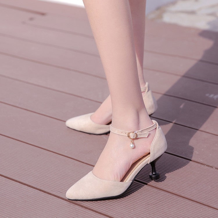 Women's's High Heels Suede Ankle Strap Pearls Spool Heel Stiletto Sandals