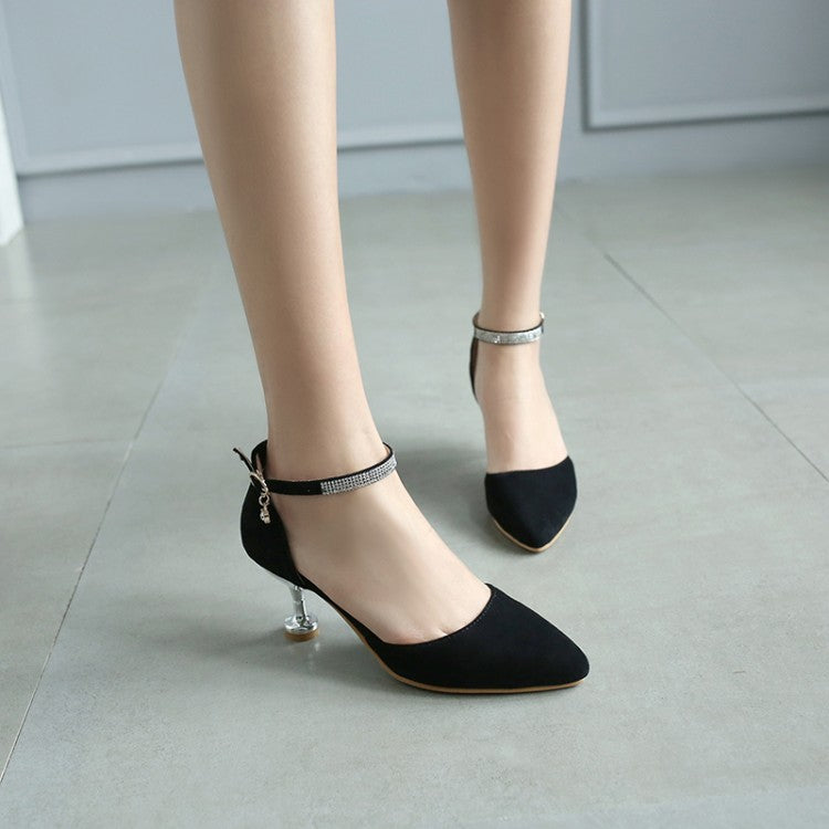 Women's's High Heels Suede Fabric Pointed Toe Ankle Strap Rhinestone Medium Heel Stiletto Sandals