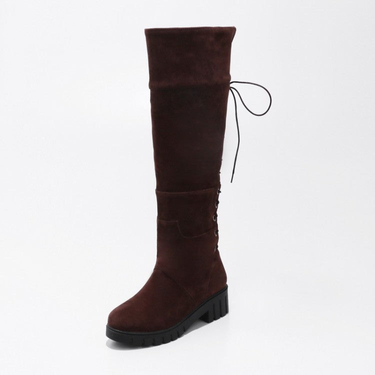 Women's Suede Round Toe Back Tied Lace Up Block Heel Knee High Boots