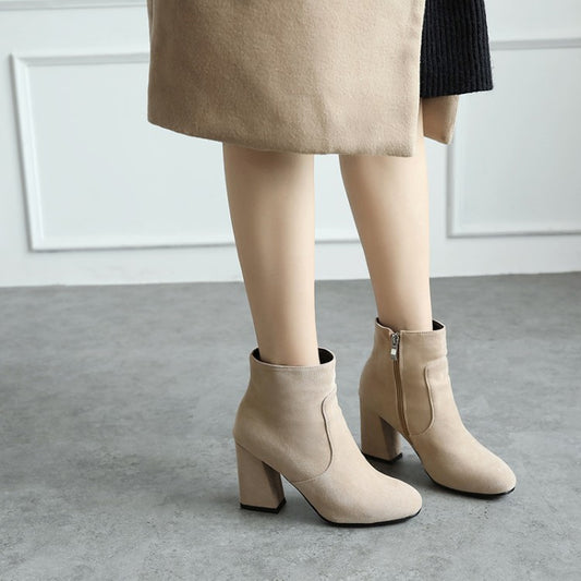 Women's Suede Round Toe Stitching Block Heel Side Zippers Short Boots