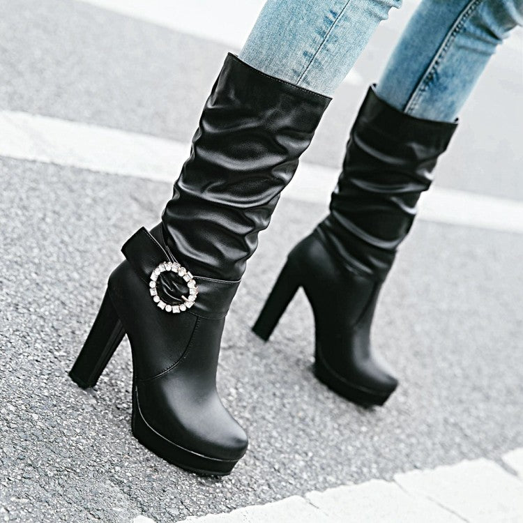 Women's Round Toe Rhinestone Belts Buckles Chunky Heel Platform Mid Calf Boots