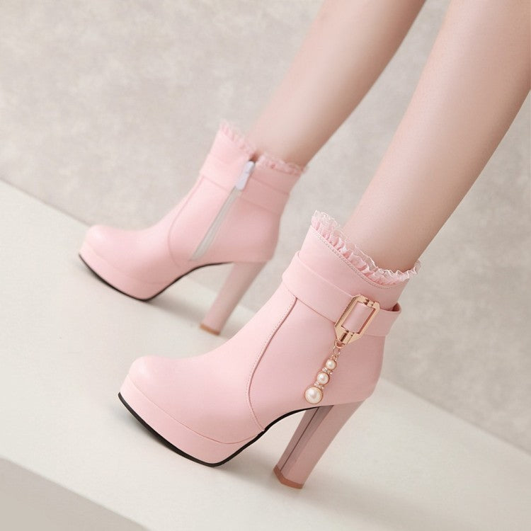 Women's Pu Leather Side Zippers Pearls Beading Lace Chunky Heel Platform Ankle Boots