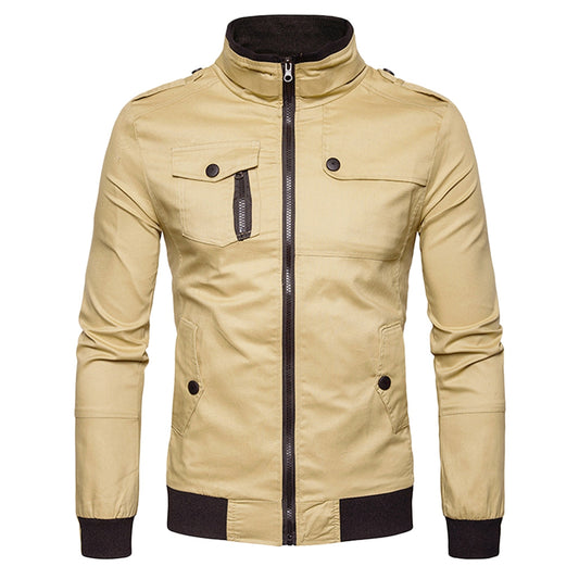 Men's Pure Color Epaulet Design Pockets Zip Up Cargo Jacket