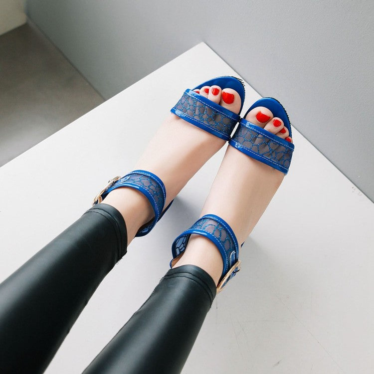 Women's's Glossy Mesh Ankle Wrap Metal Block Heels Sandals