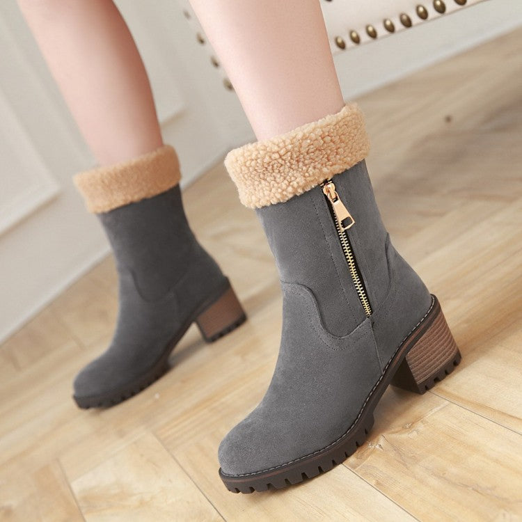 Women's Suede Stitching Side Zippers Block Heel Short Boots