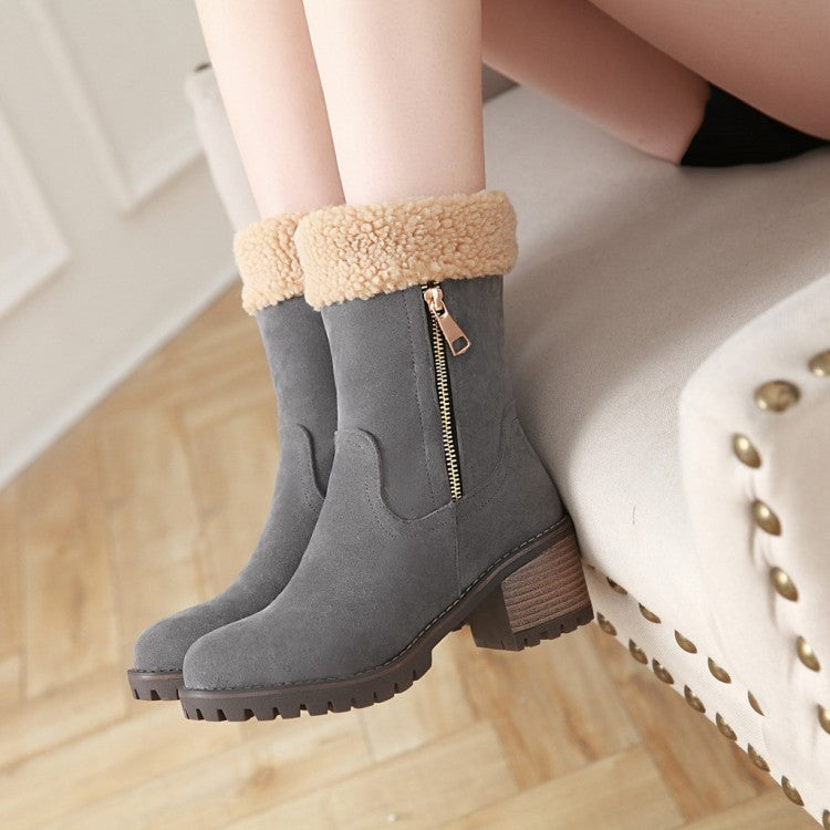 Women's Suede Stitching Side Zippers Block Heel Short Boots