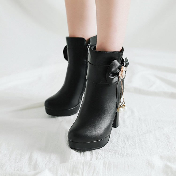 Women's Pu Leather Rhinestone Pearls Bowtie Chunky Heel Platform Ankle Boots