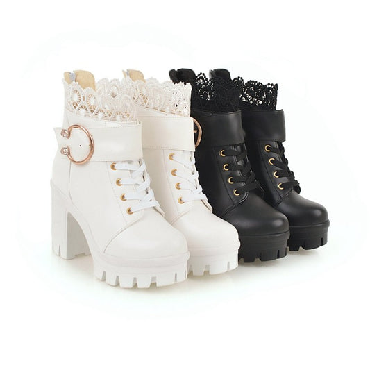 Women's Lace Up Buckles Lace Chunky Heel Platform Ankle Boots