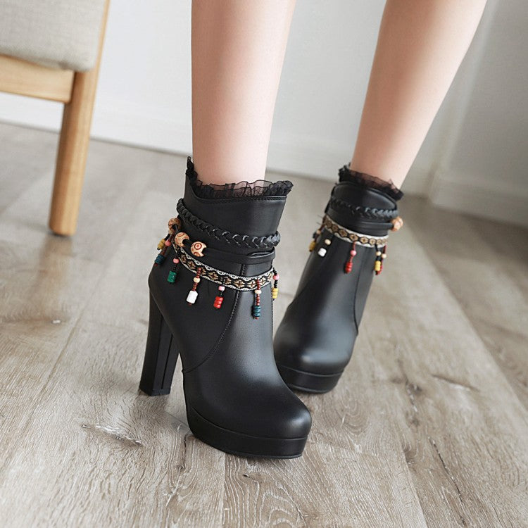 Women's Pu Leather Ethnic Tassel Lace Chunky Heel Platform Ankle Boots