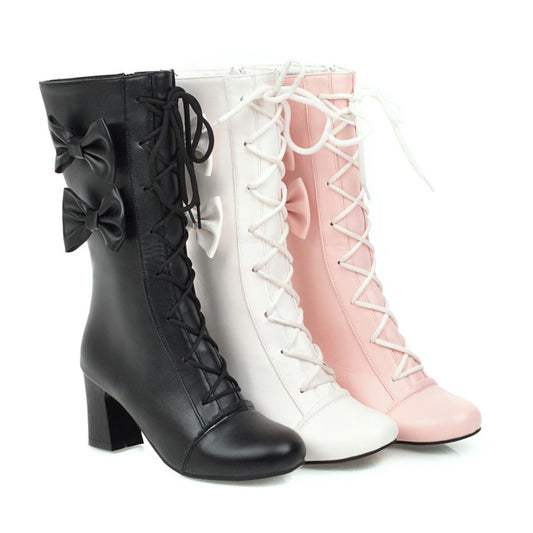 Women's Pu Leather Round Toe Lace Up Bowtie Block Heel Mid Calf Boots