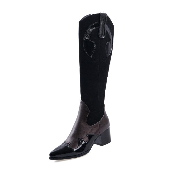 Women's Patchwork Pointed Toe Block Chunky Heel Knee High Boots