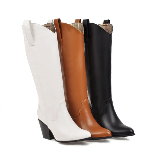 Women's Pu Leather Pointed Toe Block Heel Knee High Boots