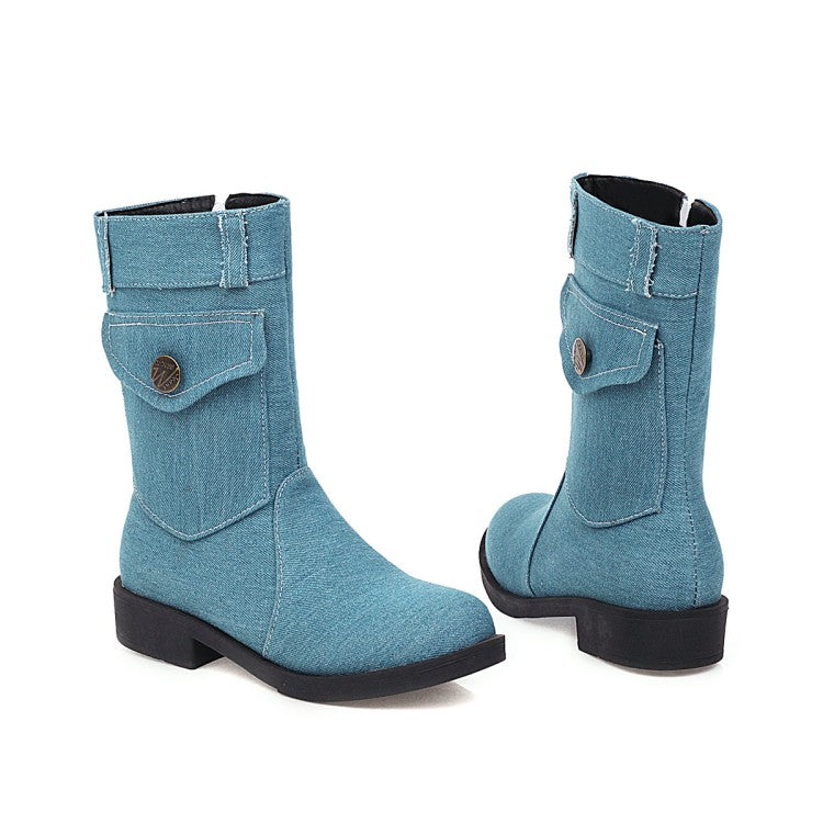 Women's  Denim Low Heel Mid Calf Boots