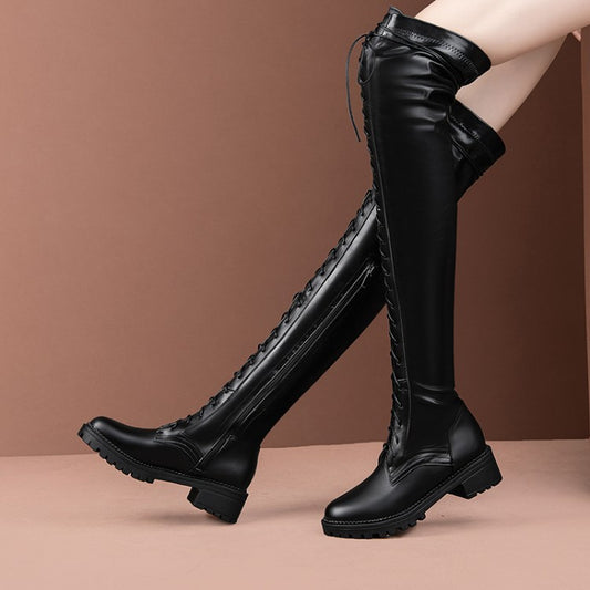 Women's Lace Up High Heel Knee High Boots