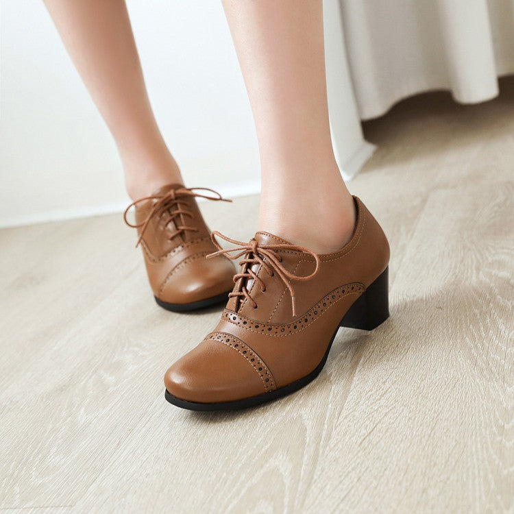 Women's Round Toe Lace Up Block Heel Oxford Chunky Heels Shoes