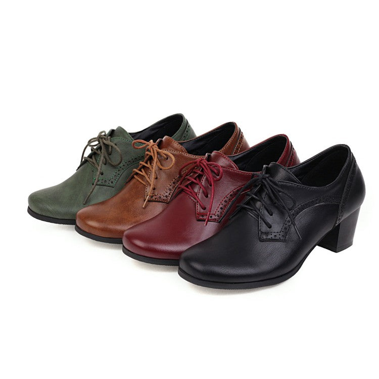 Women's Pu Leather Square Toe Tied Lace Up Stitching Block Heel Chunky Heels Oxford Shoes