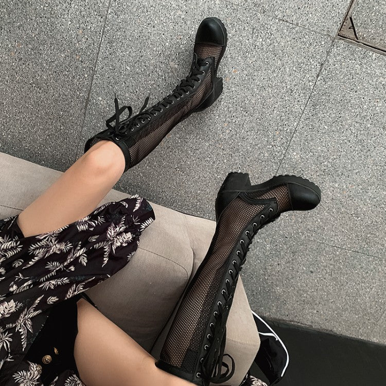 Women's Pu Leather Mesh Lace Up Block Heel Platform Knee High Boots