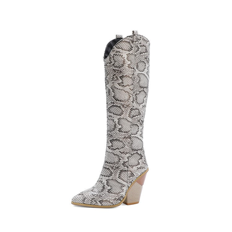 Women's Crocodile Pattern Pointed Toe Back Zippers Block Heel Knee High Boots