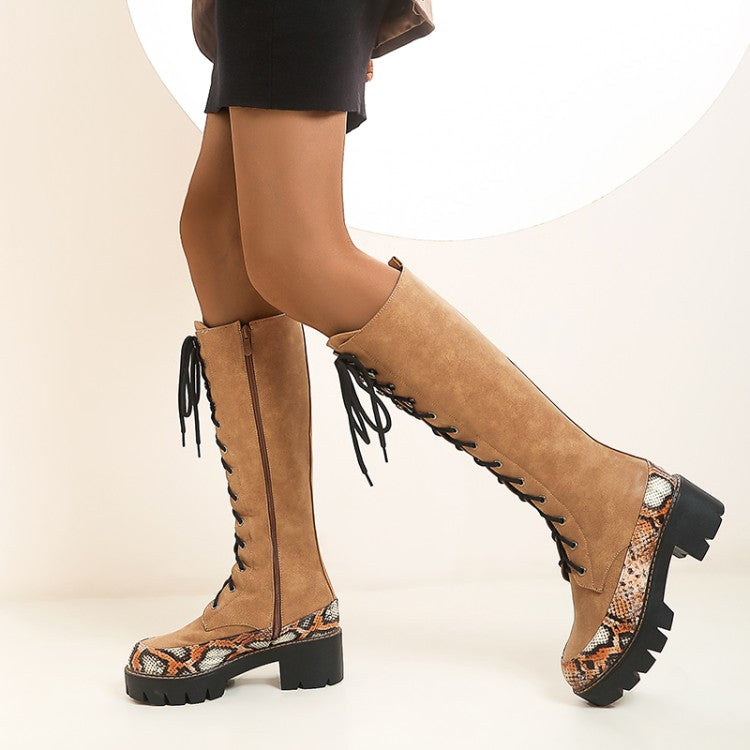 Women's Patchwork Lace Up Platform Knee High Boots