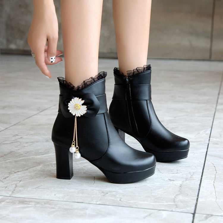 Women's Pu Leather Sunflower Pearls Bowtie Lace Chunky Heel Platform Ankle Boots