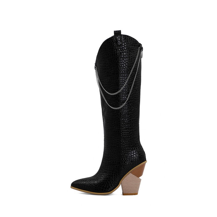Women's Pointed Toe Metal Chains Block Heel Knee High Boots
