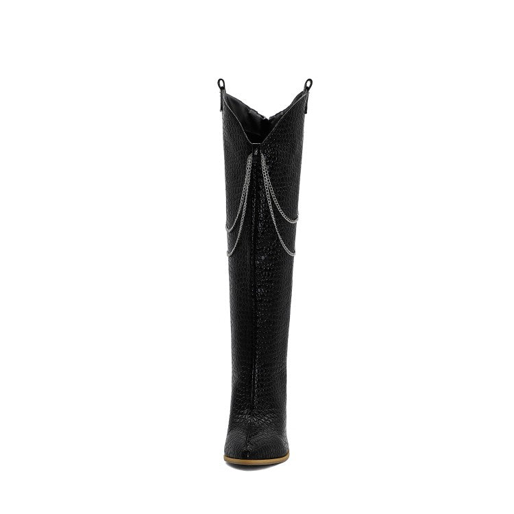 Women's Pointed Toe Metal Chains Block Heel Knee High Boots