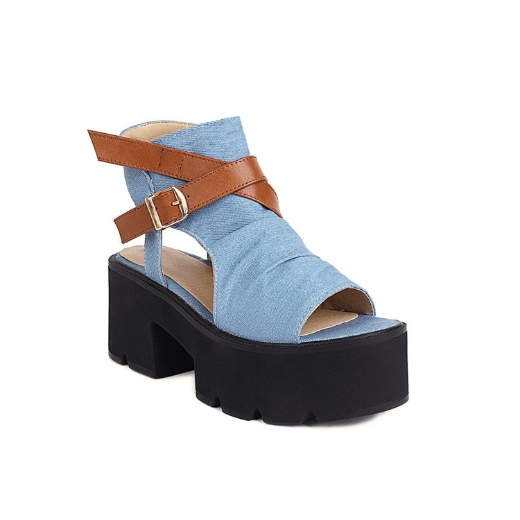 Women's's Denim Round Toe Wrap Ankle Buckle Thick Sole High Heel Platform Sandals