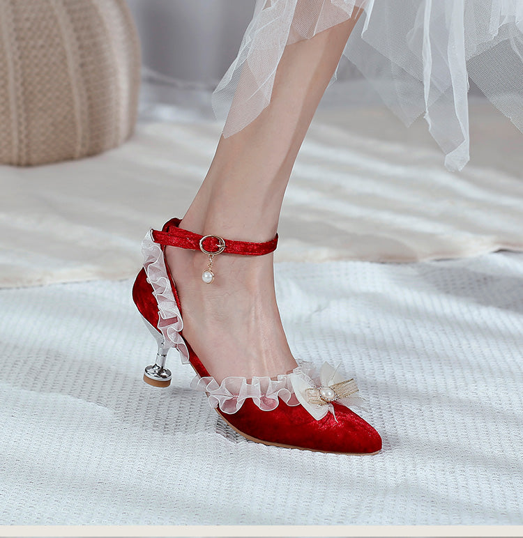 Women's's High Heels Lolita Lace Pointed Toe Butterfly Knot Pearls Stiletto Sandals