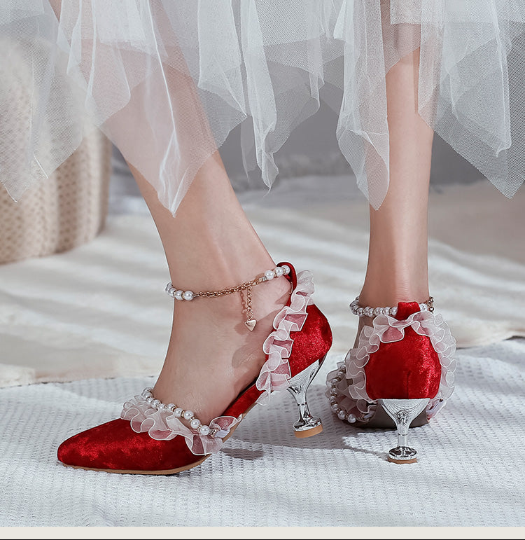 Women's's High Heels Lolita Closed Toe Beading Lace Pointed Toe Spool Heel Stiletto Sandals