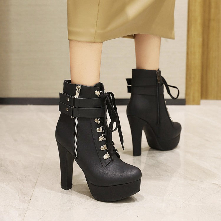Women's Pu Leather Belts Buckles Lace Up Side Zippers Chunky Heel Platform Short Boots